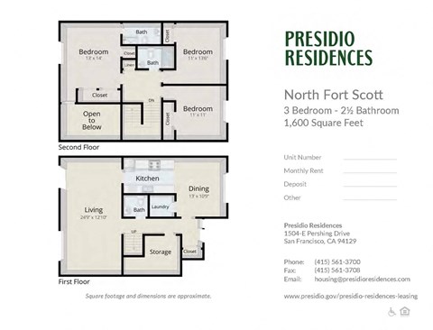 A floor plan for a 1,600 square foot apartment with 3 bedrooms and 2 1/2 bathrooms.